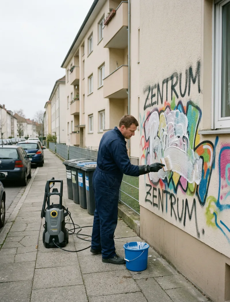 Graffiti wird von Hauswand entfernt
