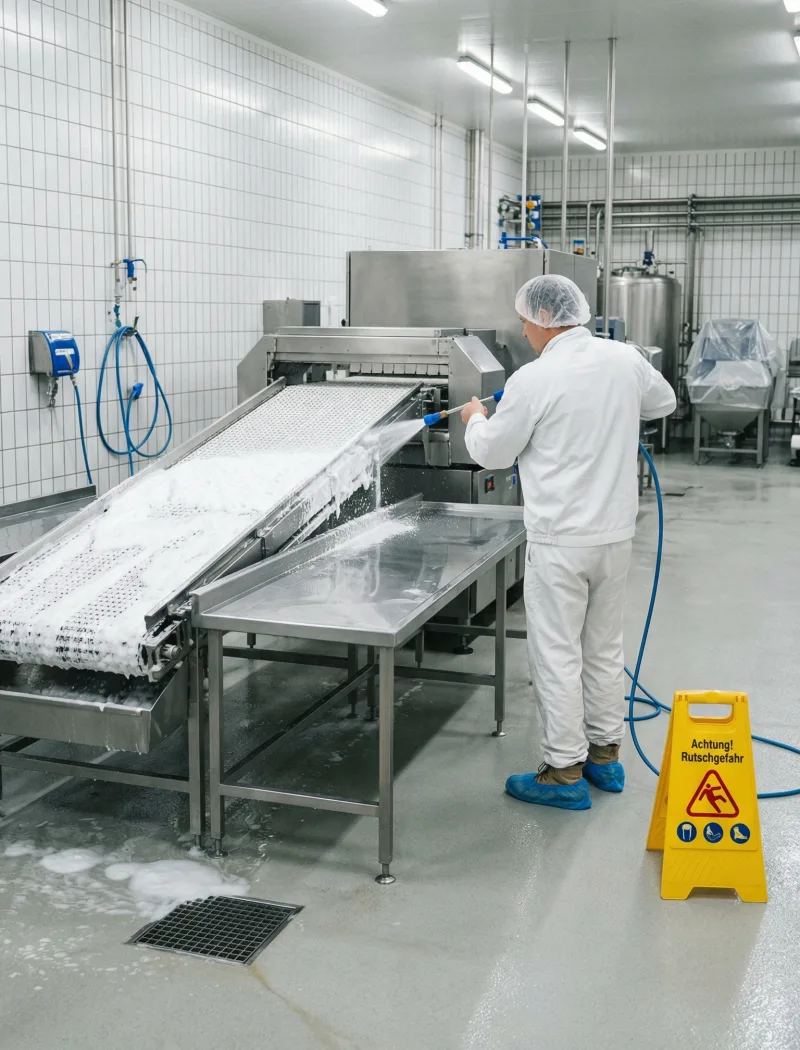 Fachkraft bei der Industriereinigung einer Produktionsanlage
